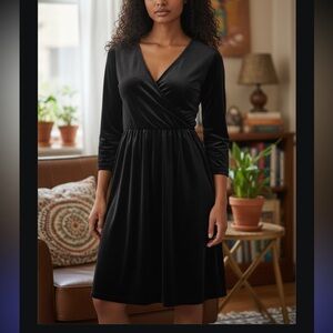 Anne Wayburn Black Velvet Faux Wrap Dress Size 18